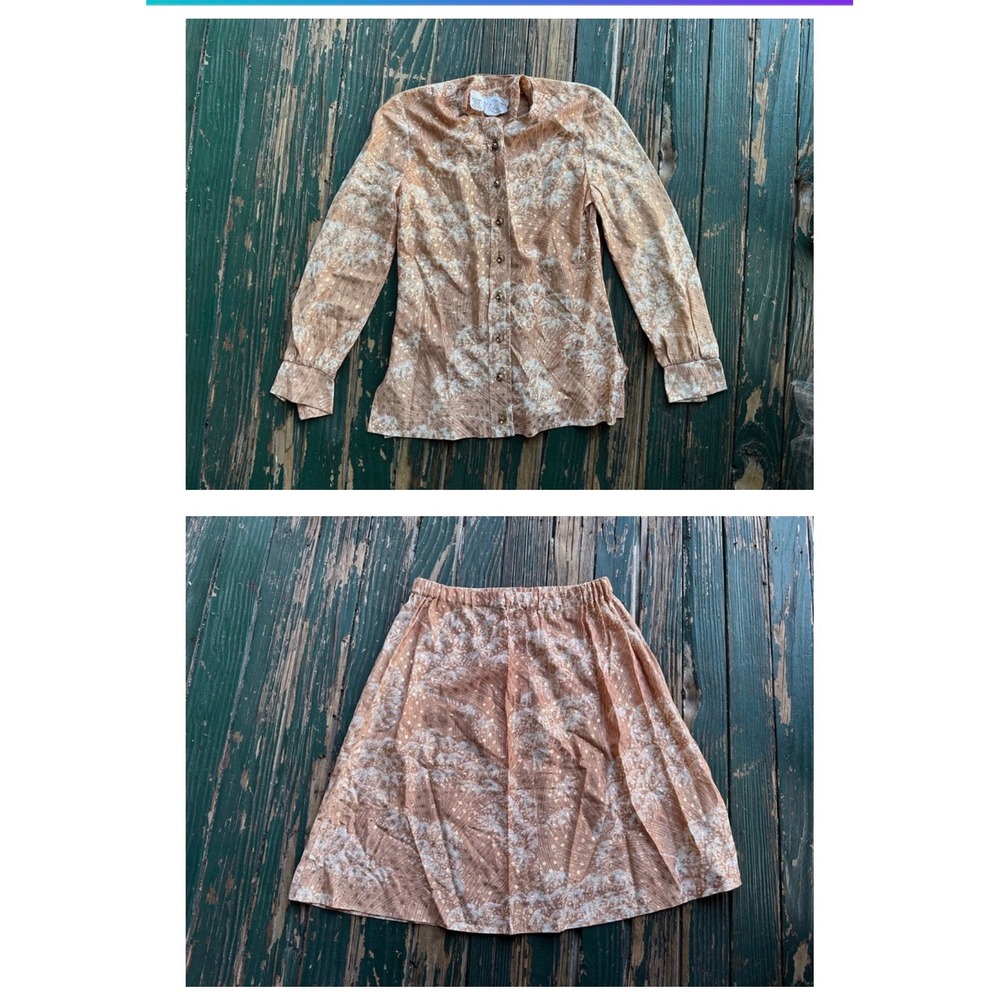 Leslie Fay Original Vtg 2 Piece Skirt Set Peach Gold Metallic Lurex Floral 60s
